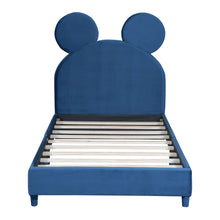 Load image into Gallery viewer, iRerts Twin Bed Frame, Modern Velvet Upholstered Platform Bed Frame with Bear Ear Shaped Headboard, Wooden Slat, Twin Size Low Platform Bed for Kids Boys Girls Bedroom, No Box Spring Needed, Blue
