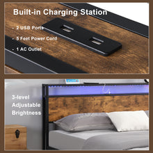 Load image into Gallery viewer, iRerts Full Platform Bed Frame with Storage, Metal Full Bed Frame with LED Lights, 2 USB Ports, Storage Headboard, No Box Spring Needed, Industrial Bed Frame Full Size for Bedroom, Rustic Brown