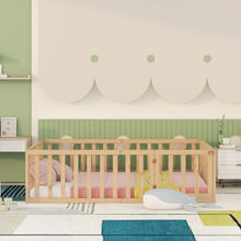 Load image into Gallery viewer, iRerts Full Floor Bed Frame for Kids Toddlers, Wood Montessori Low Floor Full Size Bed Frame with Fence Guardrail and Door, kids Full Bed for Boys Girls, Spring Needed, Natural
