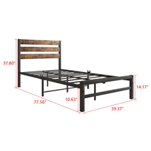 Load image into Gallery viewer, iRerts Twin Bed Frame, Industrial Metal Twin Platform Bed Frame, Twin Size Bed Frames with Headboard, Slat Support, Bed Frame Twin Size for Bedroom, No Box Spring Needed, Rustic Brown
