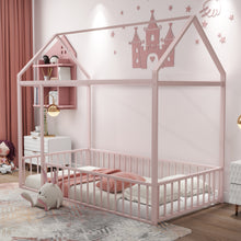 Load image into Gallery viewer, iRerts Floor Twin Bed Frame, Metal Twin Size Bed Frame for Girls Boys, Twin Bed Frame with House Roof Frame and Fence Guardrails, Toddler House Twin Bed Frame for Kids Bedroom Living Room, Pink