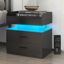 Load image into Gallery viewer, iRerts Nightstand for Bedroom, Wood End Side Table with Charging Station, USB Ports, 16 LED Lights, 2 Storage Drawers, Modern Bedside Table LED Nightstand for Bedroom Living Room, Black
