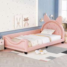 Load image into Gallery viewer, iRerts Twin Size Upholstered Daybed, Wooden Low Daybed Frame for Kids Teens with Cartoon Ears Headboard, Cute Kids Twin Bed Frame No Box Spring Needed, Twin Daybed Platform Bed Frame, Pink