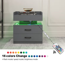 Load image into Gallery viewer, iRerts Bedside Table with Charging Station, Modern Nightstand for Bedroom with Plug Outlets, 2 USB Ports, 2 Drawers, 16 LED Lights, Wood Night Stands End Side Table for Bedroom Office, Gray