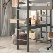 Load image into Gallery viewer, iRerts Wooden Loft Bed with Desk and Shelves, Full Loft Bed Frame for Kids Teens Adults, Full Loft Bed with Ladder and Guardrail, Loft Bed Frame Full for Bedroom Dormitory, No Box Spring Needed, Gray