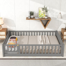 Load image into Gallery viewer, iRerts Full Floor Bed Frame for Kids Toddlers, Wood Low Floor Full Size Bed Frame with Fence Guardrail and Door, kids Full Bed for Boys Girls, No Box Spring Needed, Gray