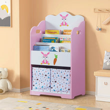 Load image into Gallery viewer, iRerts Kids Bookshelf, Wood 4 Tier Kids Toddler Bookcase with 3 Shelves Book Organizer, 2 Moveable Storage Boxes, Kids Book Shelf Organizer Book Rack Sling Book Display Stand for Kids Bedroom, Pink