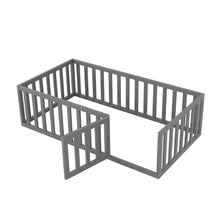 Load image into Gallery viewer, iRerts Twin Floor Bed Frame for Kids Toddlers, Wood Montessori Low Floor Twin Size Bed Frame with Fence Guardrail and Door, kids Twin Bed for Boys Girls, Spring Needed, Gray