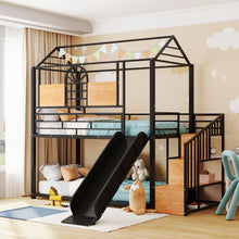Load image into Gallery viewer, iRerts Twin Over Twin Metal Bunk Bed, House Bunk Bed Frame with Slide and Storage Stair, Twin Low Bunk Beds with Guardrail for Kids Teens Adults Bedroom, No Box Spring Needed, Black with Black Slide