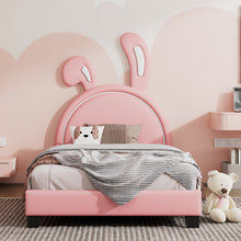 Load image into Gallery viewer, iRerts Twin Bed Frame, Cute Twin Size Upholstered Leather Platform Bed Frame with Rabbit Headboard, Twin Platform Bed Frame for Kids Teens, Platform Bed Twin for Bedroom, No Box Spring Needed, Pink