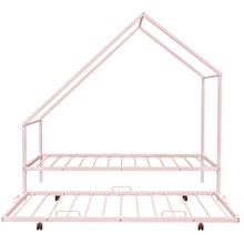 Load image into Gallery viewer, iRerts Twin Size Metal House Bed Frame with Trundle, Modern Twin Platform Bed Frame with Metal Slats, Twin Bed Frame No Box Spring Needed, Twin Size Bed Frame for Kids Bedroom, Pink