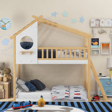 Load image into Gallery viewer, iRerts House Bunk Bed Twin Over Twin Wood House Bed Frame with Roof, Twin Low Bunk Beds with Ladder Guard Rail Window Stair for Kids Teens Girls Boys Bedroom, No Box Spring Needed, Natural