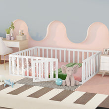 Load image into Gallery viewer, iRerts Full Floor Bed Frame for Kids Toddlers, Wood Montessori Low Floor Full Size Bed Frame with Fence Guardrail and Door, kids Full Bed for Boys Girls, Spring Needed, White