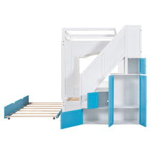 Load image into Gallery viewer, iRerts Full Over Full Bunk Bed with Trundle, Solid Wood Bunk Beds Full over Full with Storage Cabinet, Stairs and Ladders, Full Bunk Beds for Kids Teens Bedroom, White/Blue
