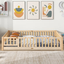 Load image into Gallery viewer, iRerts Queen Floor Bed Frame for Kids Toddlers, Wood Low Floor Queen Size Bed Frame with Fence Guardrail and Door, kids Queen Bed for Boys Girls, No Box Spring Needed, Natural