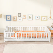Load image into Gallery viewer, iRerts Twin size Floor Platform Bed, Wood Twin Floor Bed Frame for Kids Toddlers, Low Floor Twin Size Bed Frame with Fence Guardrail and Door, kids Twin Bed for Boys Girls, No Box Spring Needed, White