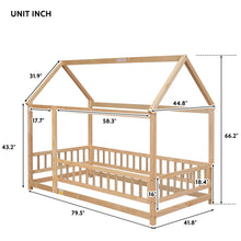 Load image into Gallery viewer, iRerts Twin Bed Frame Floor Bed, Wooden Kids Twin Bed Frame with House Roof Frame, Floor Twin Bed Frame for Toddlers Girls Boys Bedroom, House Floor Bed Frame with Fence Guardrails, Nartural