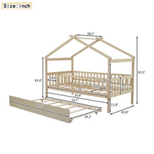 Load image into Gallery viewer, Twin Bed Frame with Twin Size Trundle, iRerts Wood Twin House Bed with Roof, Modern Twin Platform Bed Frame No Box Spring Needed, Twin Size Bed Frame for Kids Boys Girls Bedroom, Natural