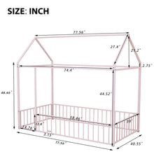 Load image into Gallery viewer, iRerts Floor Twin Bed Frame, Metal Twin Size Bed Frame for Girls Boys, Twin Bed Frame with House Roof Frame and Fence Guardrails, Toddler House Twin Bed Frame for Kids Bedroom Living Room, Pink