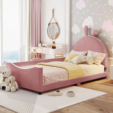Load image into Gallery viewer, iRerts Upholstered Twin Daybed Frame for Kids, Velvet Twin Platform Bed Frame with Rabbit Ear Shaped Headboard and Footboard, Wood Twin Size Sofa Bed for Girls Boys, Pink