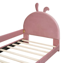 Load image into Gallery viewer, iRerts Upholstered Twin Daybed Frame for Kids, Velvet Twin Platform Bed Frame with Rabbit Ear Shaped Headboard and Footboard, Wood Twin Size Sofa Bed for Girls Boys, Pink