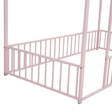 Load image into Gallery viewer, iRerts Twin Bed Frame Floor Bed, Metal Kids Twin Bed Frame with House Roof Frame, Floor Twin Bed Frame for Toddlers Girls Boys Bedroom, House Floor Bed Frame with Fence Guardrails, Pink