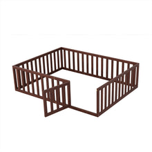 Load image into Gallery viewer, iRerts Queen Floor Bed Frame for Kids Toddlers, Wood Montessori Low Floor Queen Size Bed Frame with Fence Guardrail and Door, kids Queen Bed for Boys Girls, Spring Needed, Walnut