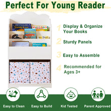 Load image into Gallery viewer, iRerts Kids Bookshelf, Wood 4 Tier Kids Toddler Bookcase with 3 Shelves Book Organizer, 2 Moveable Storage Boxes, Kids Book Shelf Organizer Book Rack Sling Book Display Stand for Kids Bedroom, White