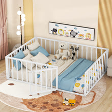 Load image into Gallery viewer, iRerts Full Floor Bed Frame, Metal Full Size Montessori Floor Bed Frame with Fence and Door, Kids Toddler Floor Bed Frame Full Size for Girls Boys, Twin Bed Frame without Bed Slats, White