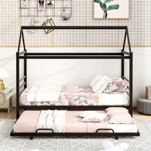 Load image into Gallery viewer, iRerts Twin Size Metal House Shape Bed Frame with Trundle, Modern Twin Platform Bed Frame with Metal Slats, Twin Bed Frame No Box Spring Needed, Twin Size Bed Frame for Kids Bedroom, Black