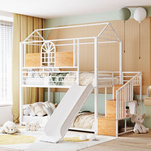 Load image into Gallery viewer, iRerts Twin Over Twin Metal Bunk Bed, House Bunk Bed Frame with Slide and Storage Stair, Twin Low Bunk Beds with Guardrail for Kids Teens Adults Bedroom, No Box Spring Needed, White with White Slide