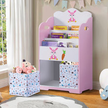 Load image into Gallery viewer, iRerts Kids Bookshelf, Wood 4 Tier Kids Toddler Bookcase with 3 Shelves Book Organizer, 2 Moveable Storage Boxes, Kids Book Shelf Organizer Book Rack Sling Book Display Stand for Kids Bedroom, Pink