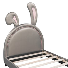 Load image into Gallery viewer, iRerts Twin Bed Frame, Cute Twin Size Upholstered Leather Platform Bed Frame with Rabbit Headboard, Twin Platform Bed Frame for Kids Teens, Platform Bed Twin for Bedroom, No Box Spring Needed, Gray