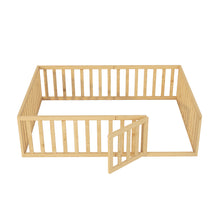 Load image into Gallery viewer, iRerts Queen Floor Bed Frame for Kids Toddlers, Wood Montessori Low Floor Queen Size Bed Frame with Fence Guardrail and Door, kids Queen Bed for Boys Girls, Spring Needed, Natural