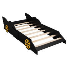 Load image into Gallery viewer, iRerts Race Car Shaped Twin Bed Frame, Wood Twin Platform Bed Frame for Kids Toddlers, Children Twin Size Platform Bed with Wheels, Wooden Slats, No Box Spring Needed, Black/Yellow
