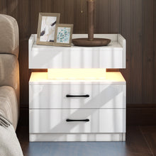 Load image into Gallery viewer, Modern Night Stand with LED Lights and Charging Station, Nightstand with Storage Drawers and Remote Control, With Adjustable 16-Color LED Lights