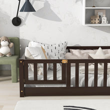 Load image into Gallery viewer, iRerts Twin Floor Bed Frame for Kids Toddlers, Wood Low Floor Twin Size Bed Frame with Fence Guardrail and Door, kids Twin Bed for Boys Girls, No Box Spring Needed, Espresso