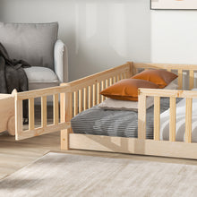 Load image into Gallery viewer, iRerts Queen Floor Bed Frame for Kids Toddlers, Wood Low Floor Queen Size Bed Frame with Fence Guardrail and Door, kids Queen Bed for Boys Girls, No Box Spring Needed, Natural