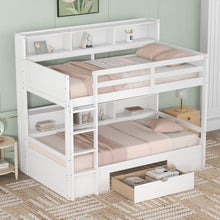 Load image into Gallery viewer, iRerts Twin Over Twin Bunk Bed with Storage Drawer, Wood Twin Bunk Bed with Built-in Shelves Beside Both Upper and Down Bed, Bunk Bed Twin Over Twin for Kids Teens Bedroom, No Box Spring Needed, White