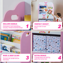 Load image into Gallery viewer, iRerts Kids Bookshelf, Wood 4 Tier Kids Toddler Bookcase with 3 Shelves Book Organizer, 2 Moveable Storage Boxes, Kids Book Shelf Organizer Book Rack Sling Book Display Stand for Kids Bedroom, Pink