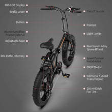 Load image into Gallery viewer, Electric Bikes for Adults, iRerts Portable Folding Electric Bike with 500W Motor, 20" Fat Tire 3 Riding Modes and Removable Battery, Beach Snow Bicycle Electric Bikes for Men Women Teens, Black