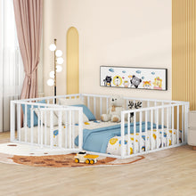 Load image into Gallery viewer, iRerts Full Floor Bed Frame, Metal Full Size Montessori Floor Bed Frame with Fence and Door, Kids Toddler Floor Bed Frame Full Size for Girls Boys, Twin Bed Frame without Bed Slats, White