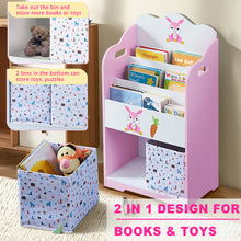 Load image into Gallery viewer, iRerts Kids Bookshelf, Wood 4 Tier Kids Toddler Bookcase with 3 Shelves Book Organizer, 2 Moveable Storage Boxes, Kids Book Shelf Organizer Book Rack Sling Book Display Stand for Kids Bedroom, Pink
