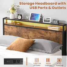 Load image into Gallery viewer, iRerts Full Platform Bed Frame with Storage, Metal Full Bed Frame with USB Ports, Storage Headboard, No Box Spring Needed, Industrial Bed Frame Full Size for Bedroom, Black Brown