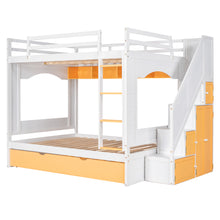 Load image into Gallery viewer, iRerts Wood Bunk Bed Full over Full, Modern Full Over Full Bunk Bed with Trundle, Storage Cabinet, Stairs and Ladders, Full Bunk Beds for Kids Teens Adults Bedroom, White/Yellow