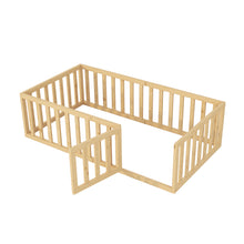 Load image into Gallery viewer, iRerts Twin Floor Bed Frame for Kids Toddlers, Wood Montessori Low Floor Twin Size Bed Frame with Fence Guardrail and Door, kids Twin Bed for Boys Girls, Spring Needed, Natural