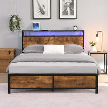 Load image into Gallery viewer, iRerts Full Bed Frame with LED Lights and 2 USB Ports, Industrial Metal Full Platform Bed Frame with Storage Shelf Headboard, No Box Spring Needed, Full Size Bed Frames for Bedroom, Rustic Brown