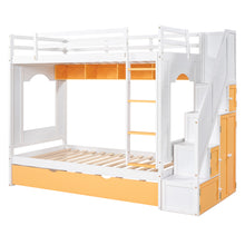 Load image into Gallery viewer, iRerts Twin Over Twin Bunk Bed with Trundle, Solid Wood Bunk Beds Twin over Twin with Storage Cabinet, Stairs and Ladders, Twin Bunk Beds for Kids Teens Bedroom, White/Yellow
