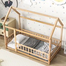 Load image into Gallery viewer, iRerts Floor Twin Bed Frame, Wooden Twin Size Bed Frame for Girls Boys, Twin Bed Frame with House Roof Frame and Fence Guardrails, Toddler House Twin Bed Frame for Kids Bedroom Living Room, Nartural