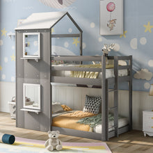 Load image into Gallery viewer, iRerts Low Bunk Beds for for Kids Teens Girls Boys, Wood Twin Over Twin Bunk Bed with Roof Window Guardrail Ladde, Floor Bunk Beds Twin Over Twin No Box Spring Needed for Bedroom, Gray
